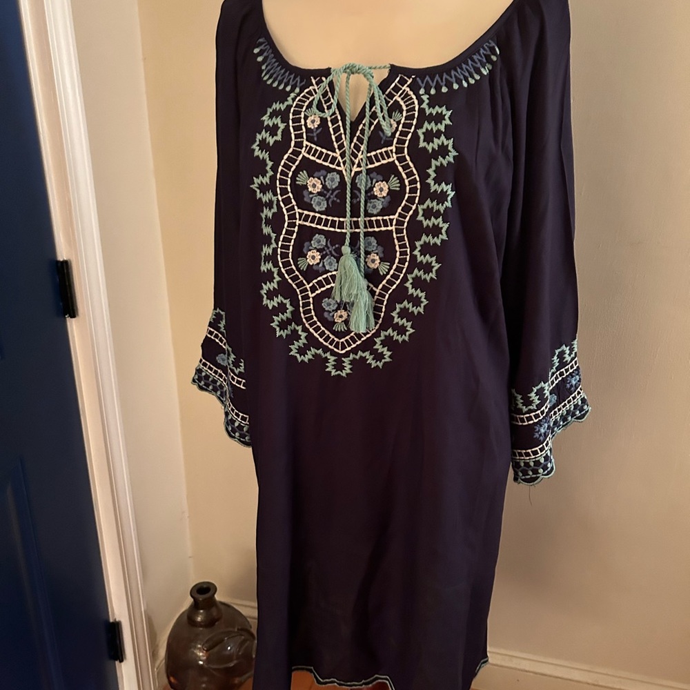 Navy Embroidered Boho Tunic Dress with Mint Accents